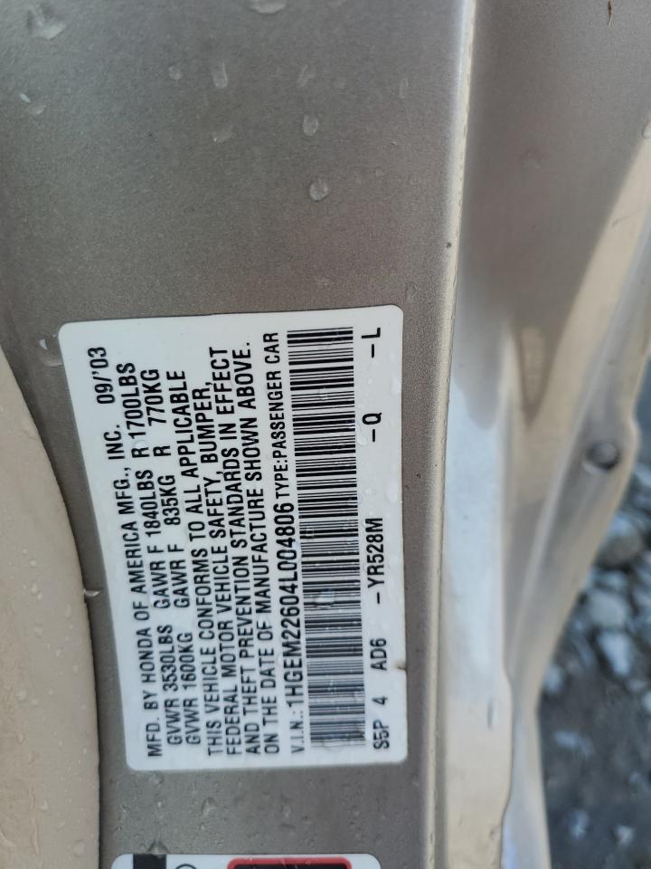 2004 Honda Civic Lx VIN: 1HGEM22604L004806 Lot: 62117475