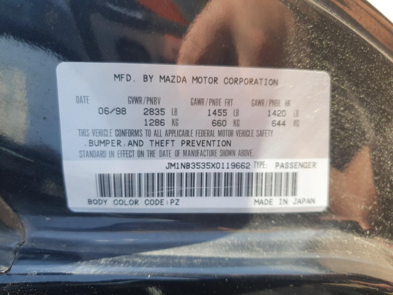 1999 Mazda Mx-5 Miata VIN: JM1NB3535X0119662 Lot: 61870445