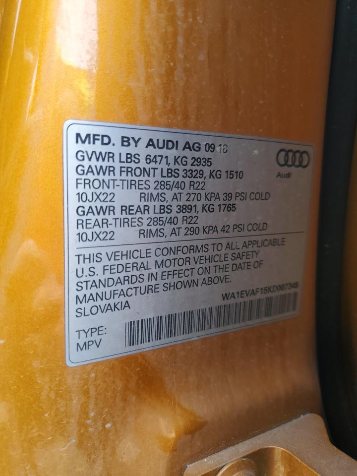2019 Audi Q8 Premium Plus S-Line VIN: WA1EVAF15KD007349 Lot: 62086555