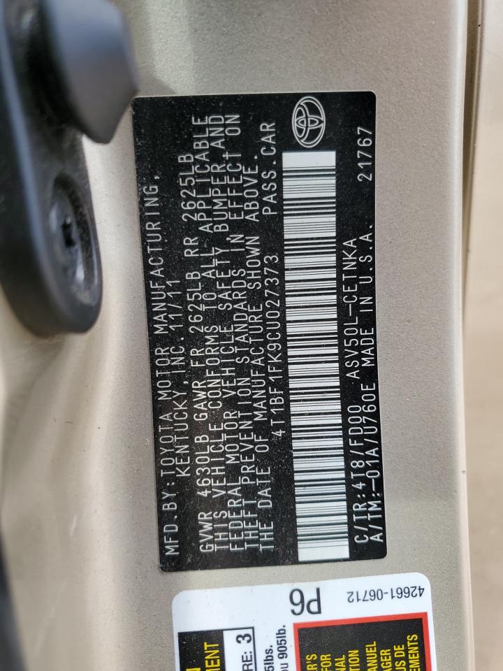 2012 Toyota Camry Base VIN: 4T1BF1FK9CU027373 Lot: 62672155