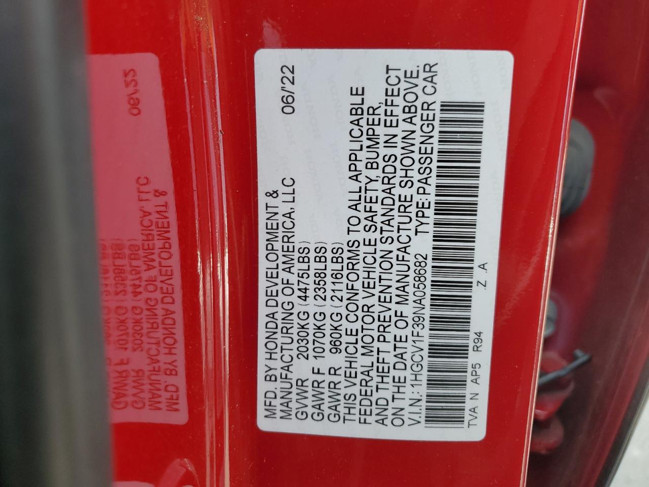 2022 Honda Accord Sport VIN: 1HGCV1F39NA058682 Lot: 60684725
