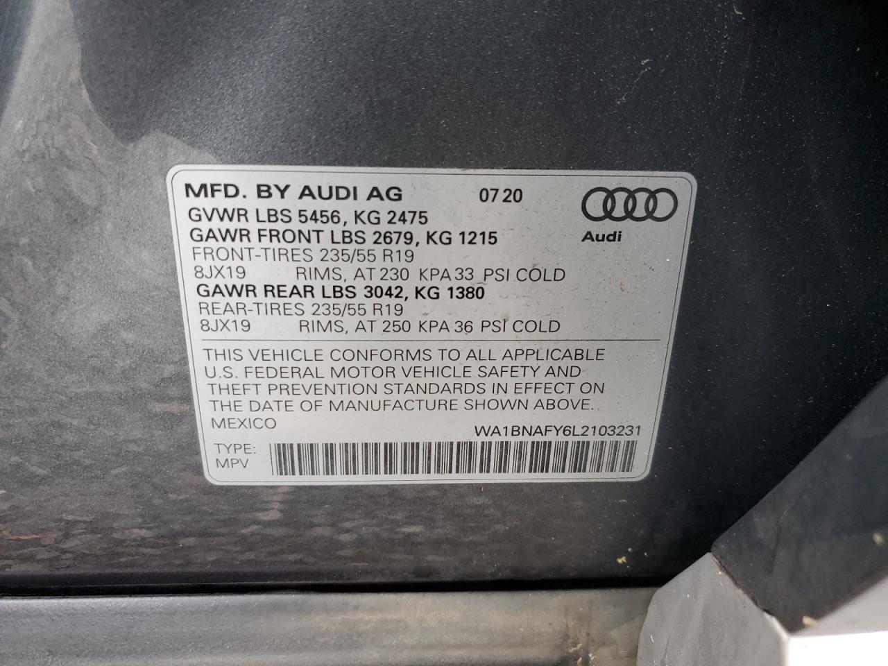 2020 Audi Q5 Premium Plus VIN: WA1BNAFY6L2103231 Lot: 60874215