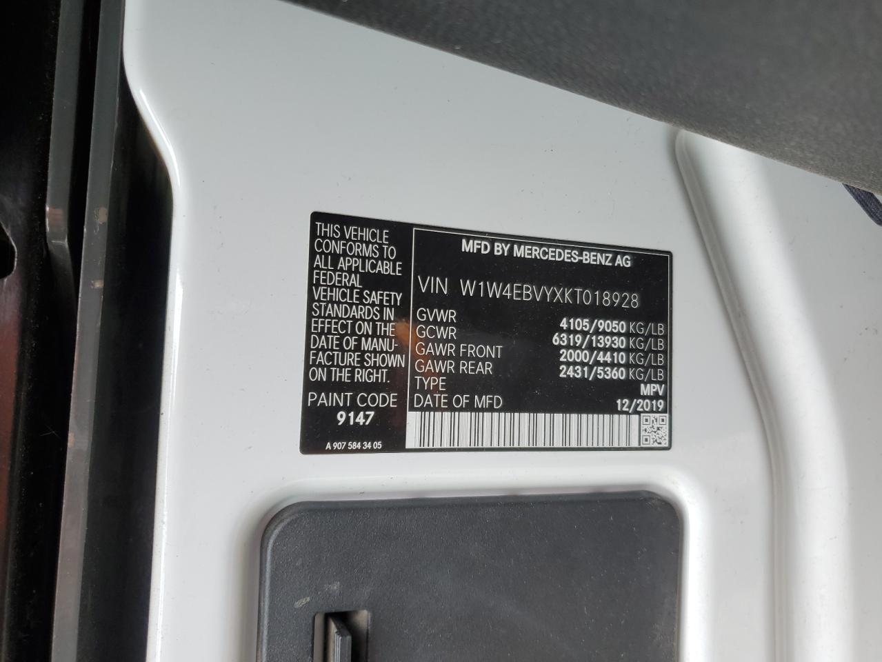 2019 Mercedes-Benz Sprinter 2500 VIN: W1W4EBVYXKT018928 Lot: 60637965