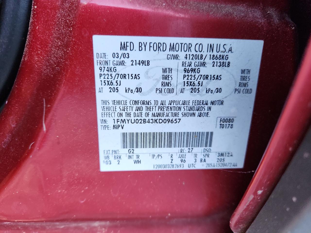 2003 Ford Escape Xls VIN: 1FMYU02B43KD09657 Lot: 65048065