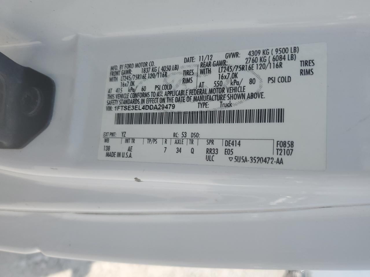 2013 Ford Econoline E350 Super Duty Van VIN: 1FTSE3EL4DDA29479 Lot: 59796515