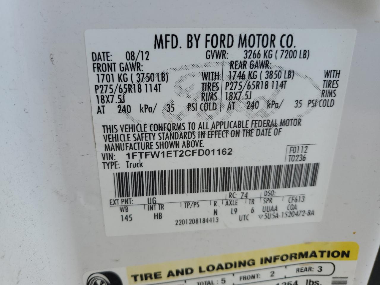 FORD F-150 2012 VIN 1FTFW1ET2CFD01162 zdjęcie 13