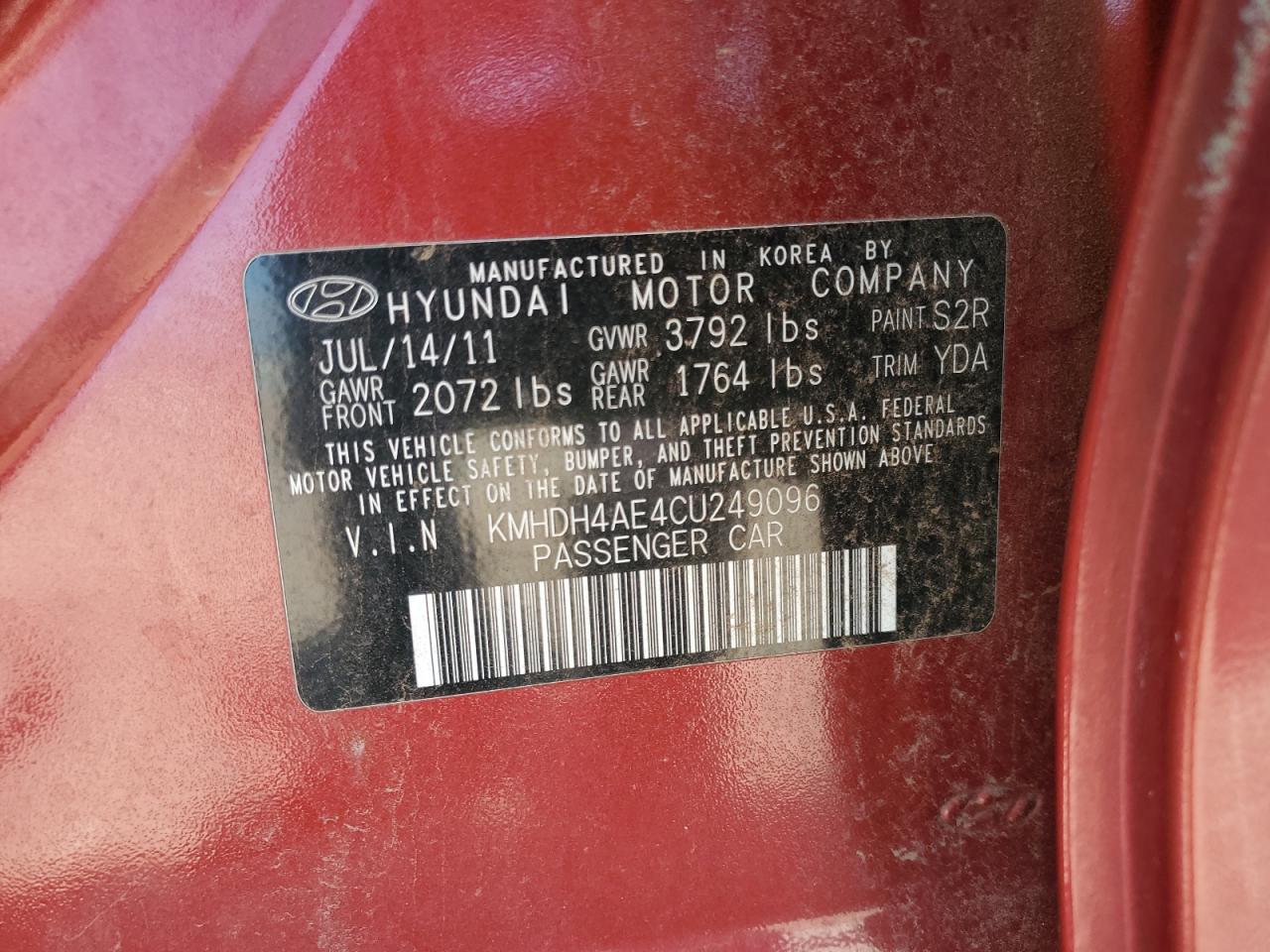 HYUNDAI ELANTRA 2012 VIN KMHDH4AE4CU249096 фото 12