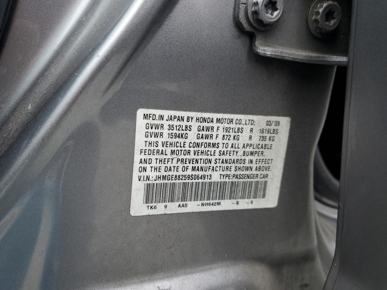 2009 Honda Fit VIN: JHMGE88259S064913 Lot: 62710225