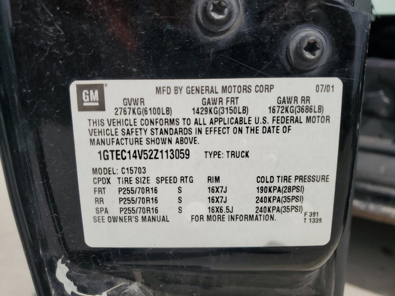 2002 GMC New Sierra C1500 VIN: 1GTEC14V52Z113059 Lot: 63058415