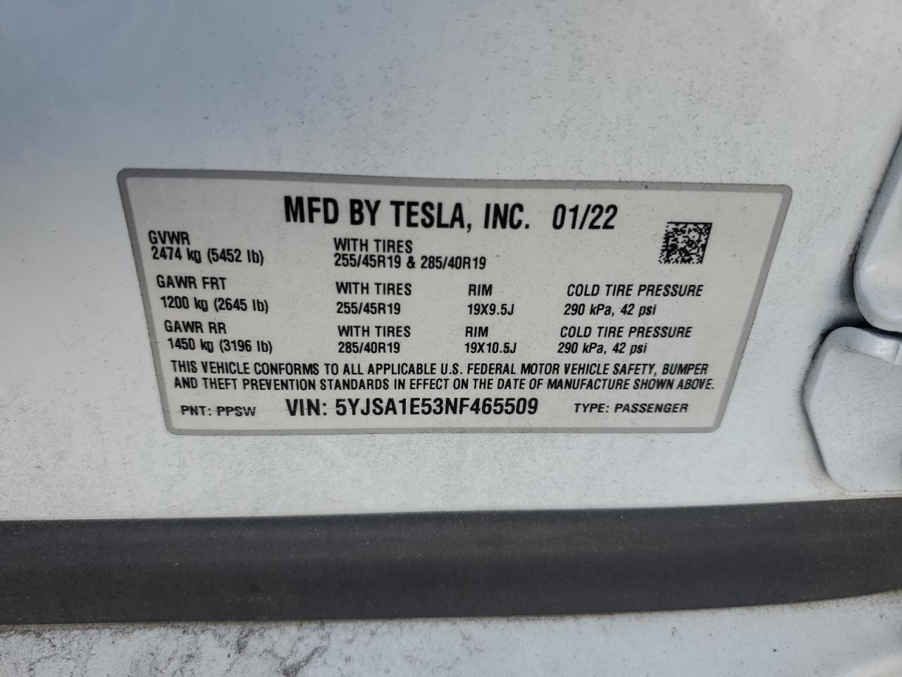 2022 Tesla Model S VIN: 5YJSA1E53NF465509 Lot: 64571235