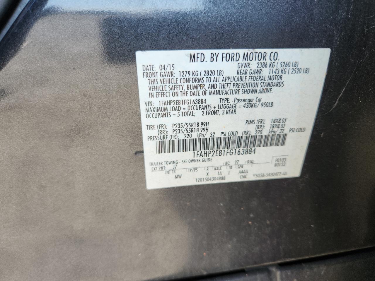 2015 Ford Taurus Sel VIN: 1FAHP2E81FG163884 Lot: 62918065