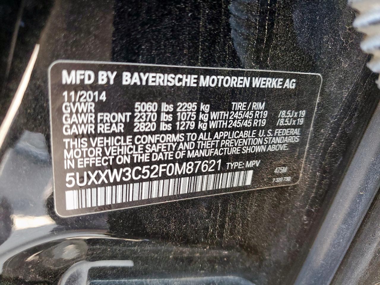 2015 BMW X4 xDrive28I VIN: 5UXXW3C52F0M87621 Lot: 59176505