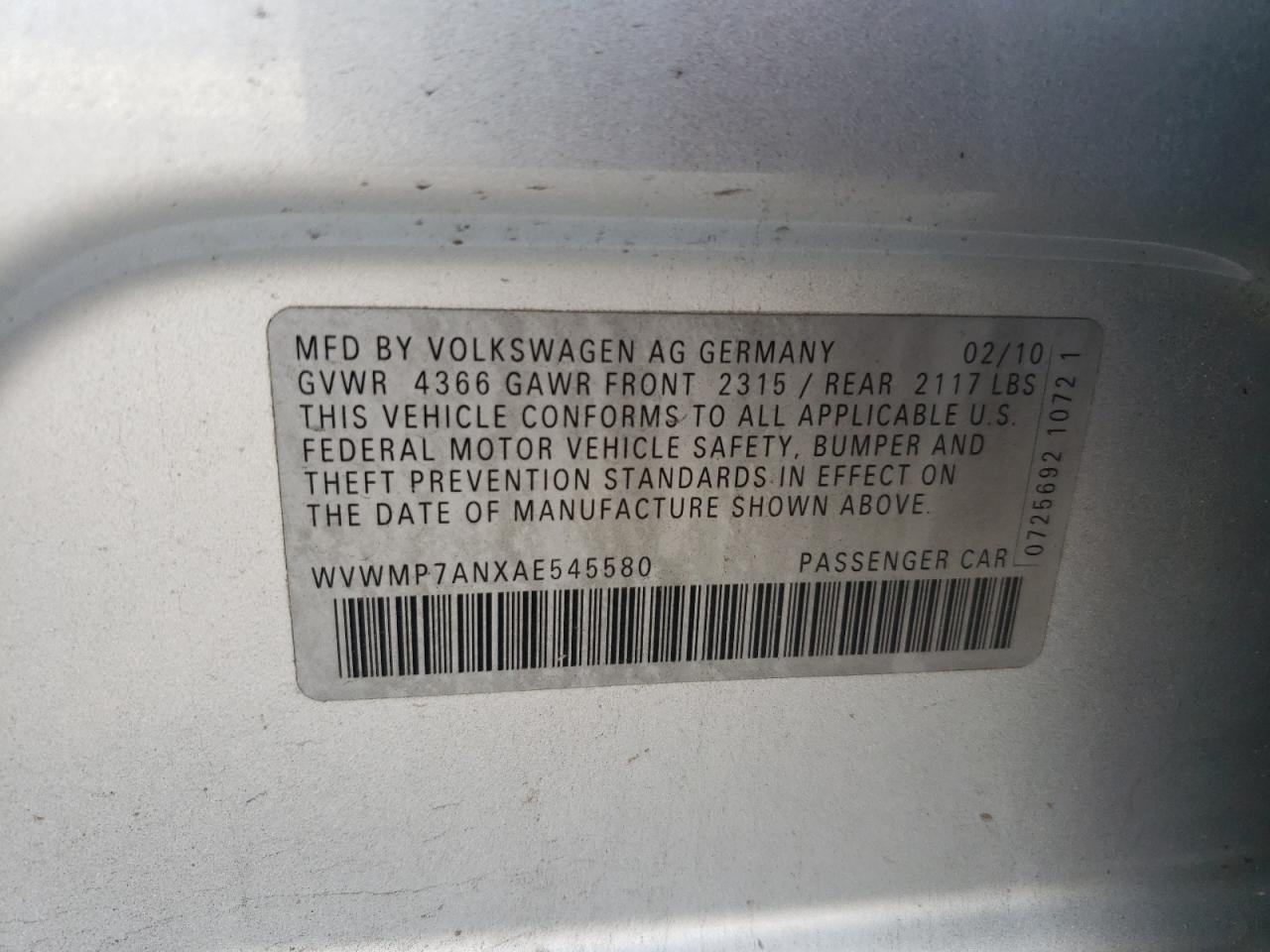 2010 Volkswagen Cc Sport VIN: WVWMP7ANXAE545580 Lot: 58029495