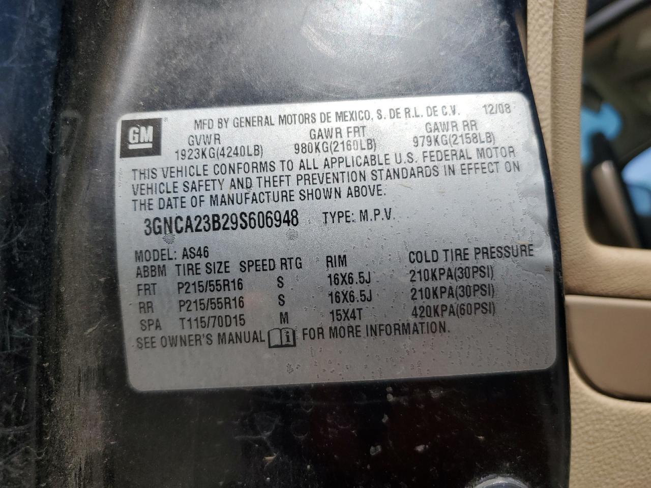 2009 Chevrolet Hhr Lt VIN: 3GNCA23B29S606948 Lot: 61418645