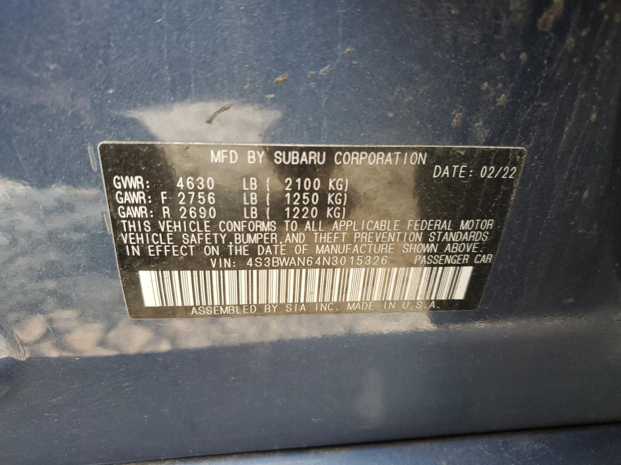 2022 Subaru Legacy Limited VIN: 4S3BWAN64N3015326 Lot: 59500955