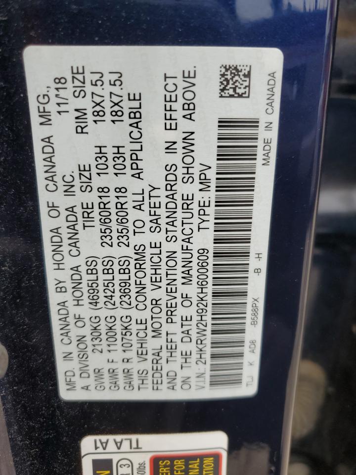 2019 Honda Cr-V Touring VIN: 2HKRW2H92KH600609 Lot: 62427695
