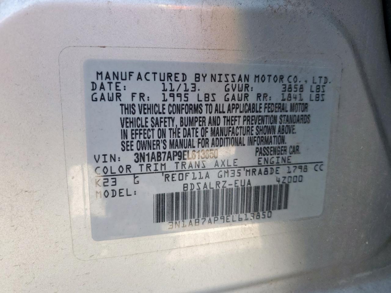 2014 Nissan Sentra S VIN: 3N1AB7AP9EL613850 Lot: 61084175