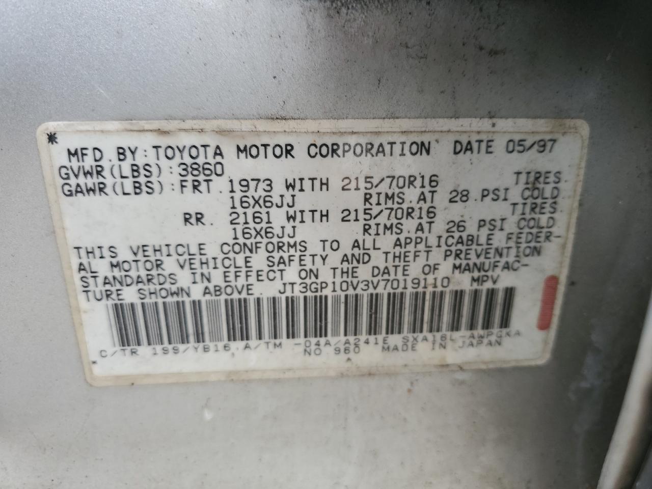 1997 Toyota Rav4 VIN: JT3GP10V3V7019110 Lot: 60942435