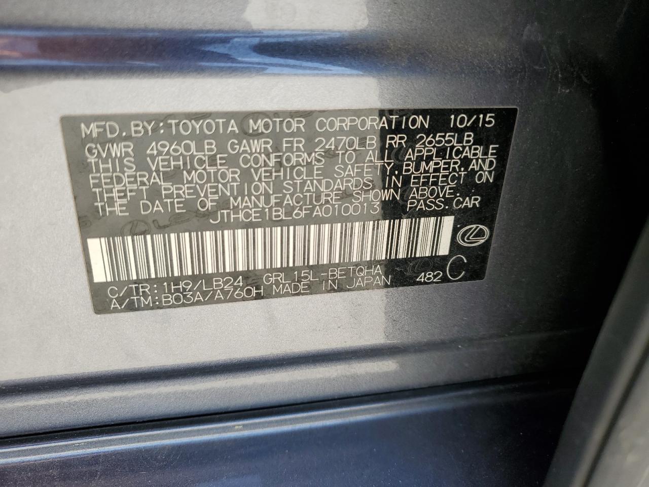 2015 Lexus Gs 350 VIN: JTHCE1BL6FA010013 Lot: 61256135