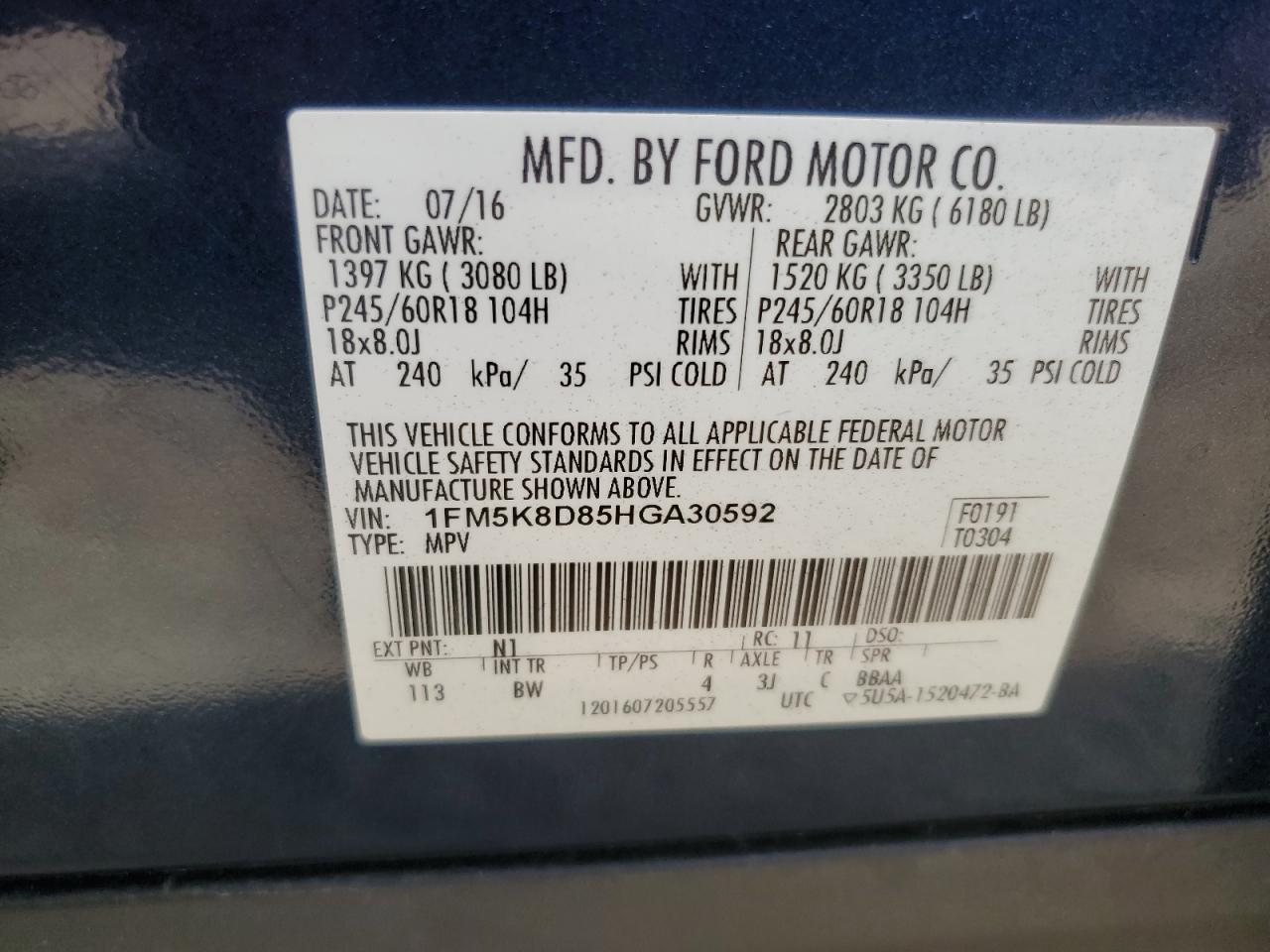2017 Ford Explorer Xlt VIN: 1FM5K8D85HGA30592 Lot: 62808085