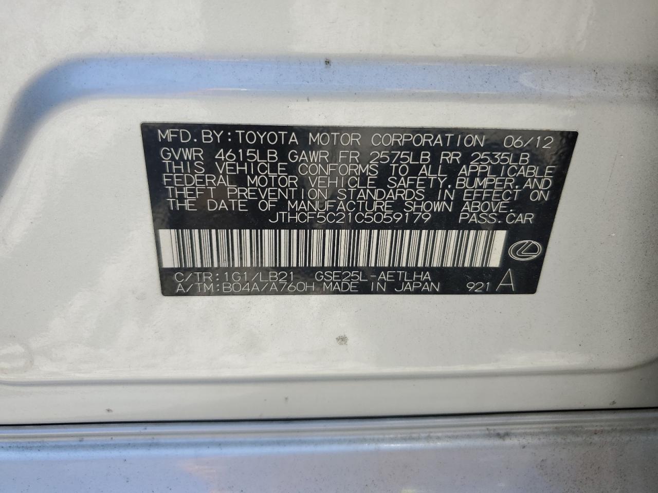 2012 Lexus Is 250 VIN: JTHCF5C21C5059179 Lot: 62599215