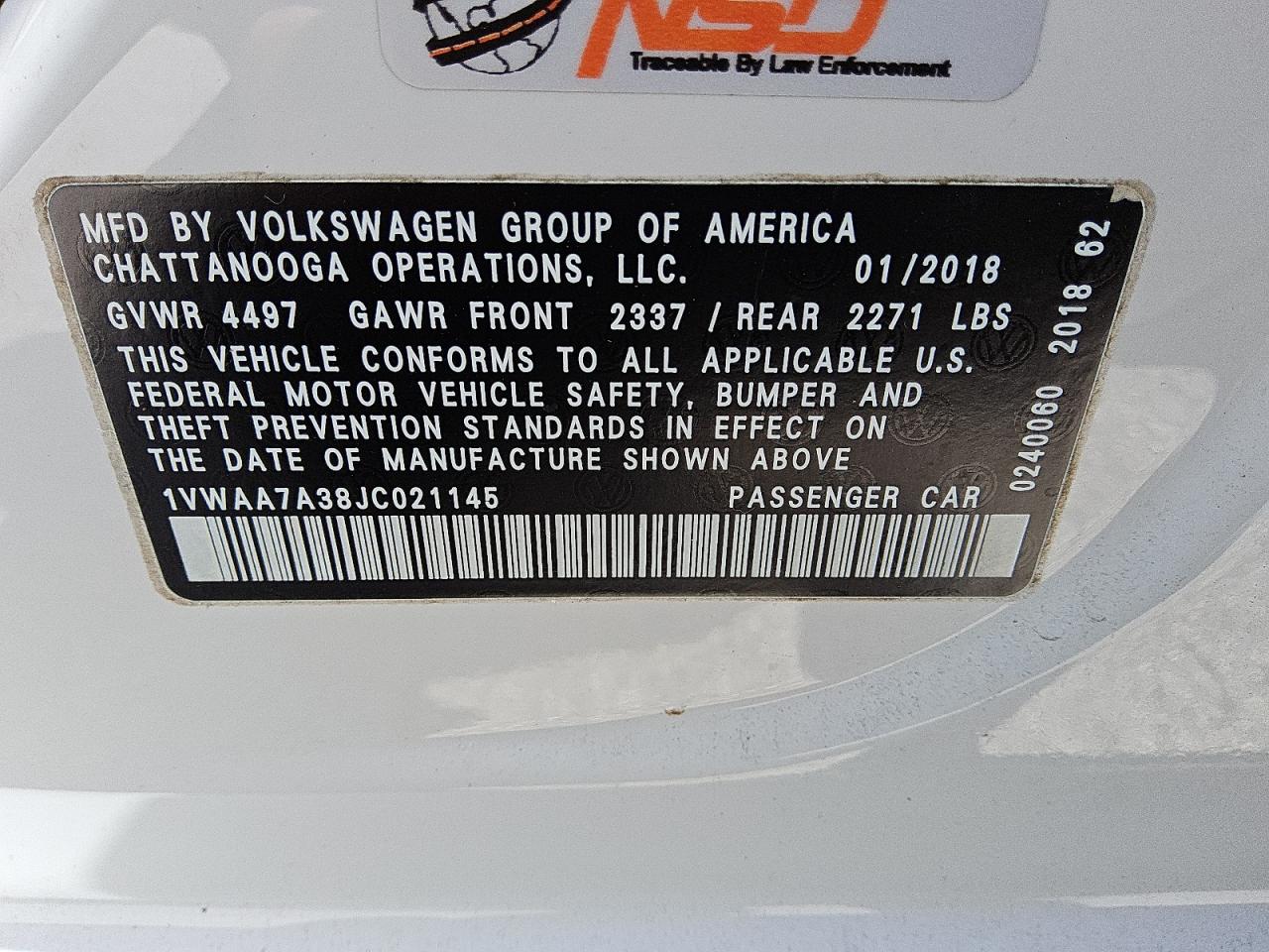 2018 Volkswagen Passat S VIN: 1VWAA7A38JC021145 Lot: 59794265