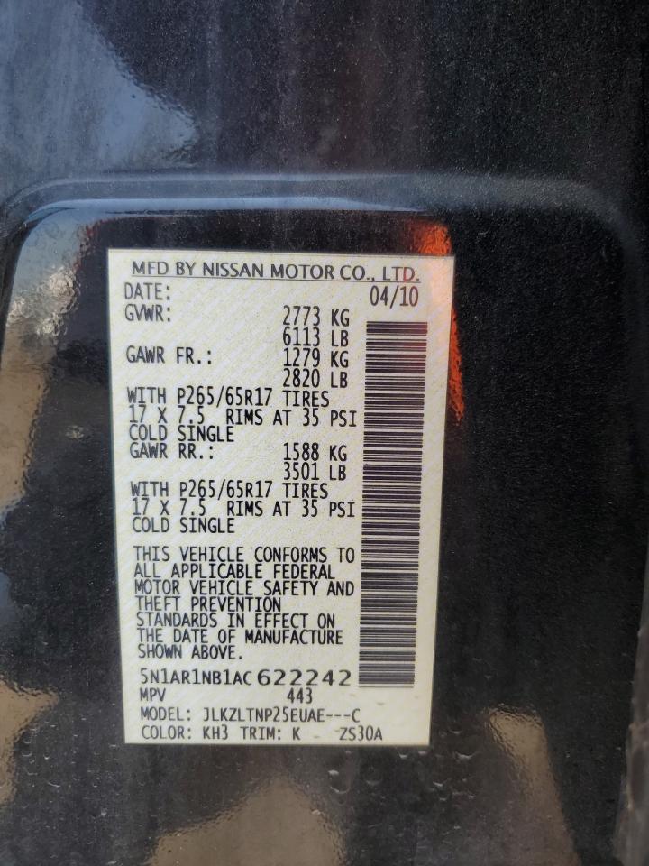 2010 Nissan Pathfinder S VIN: 5N1AR1NB1AC622242 Lot: 62639055