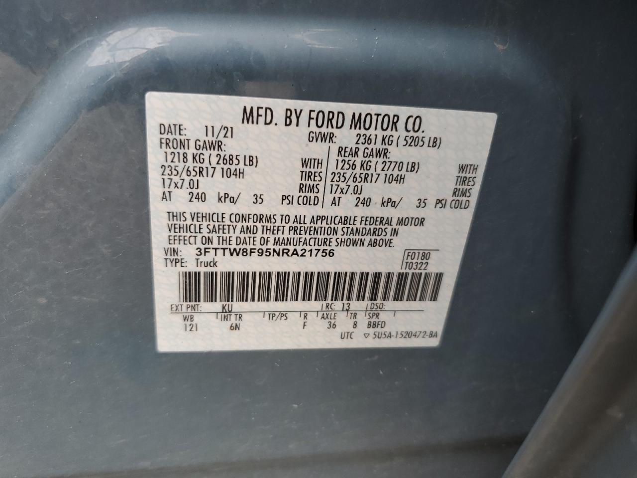 2022 Ford Maverick Xl VIN: 3FTTW8F95NRA21756 Lot: 62905855