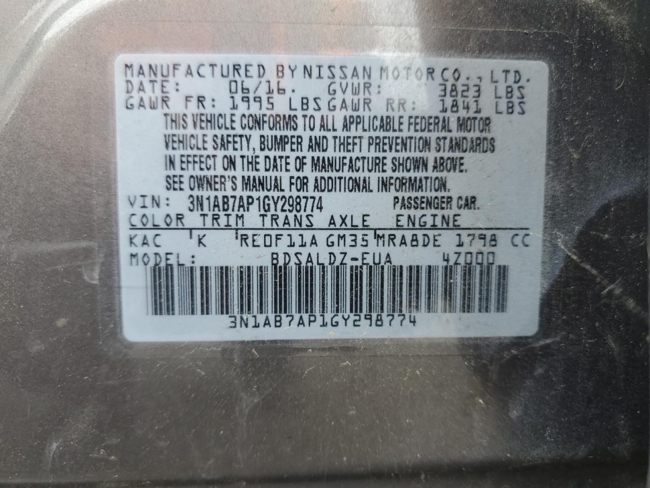 2016 Nissan Sentra S VIN: 3N1AB7AP1GY298774 Lot: 61645175