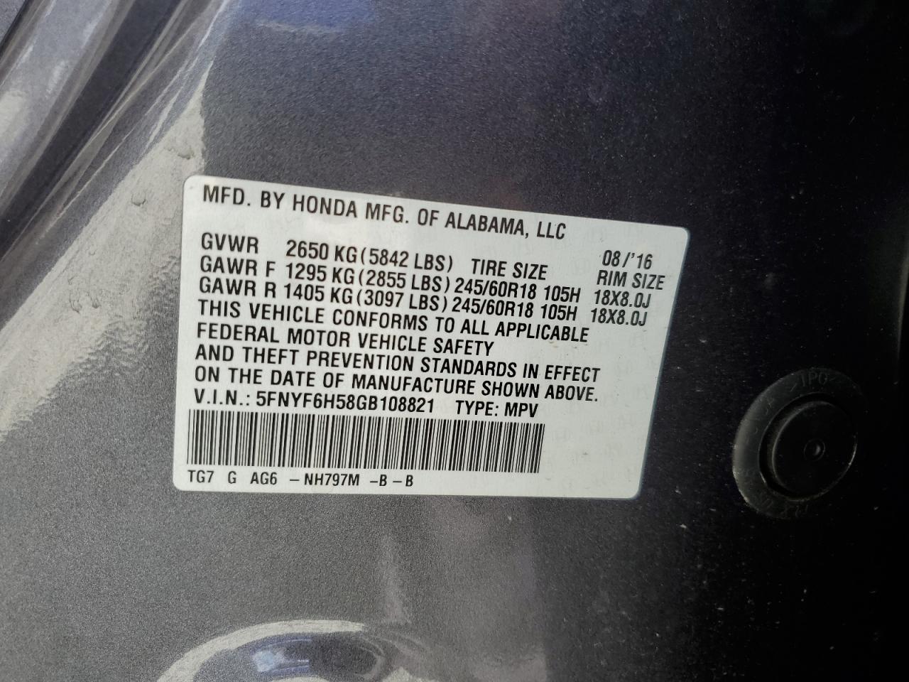 2016 Honda Pilot Exl VIN: 5FNYF6H58GB108821 Lot: 60971685