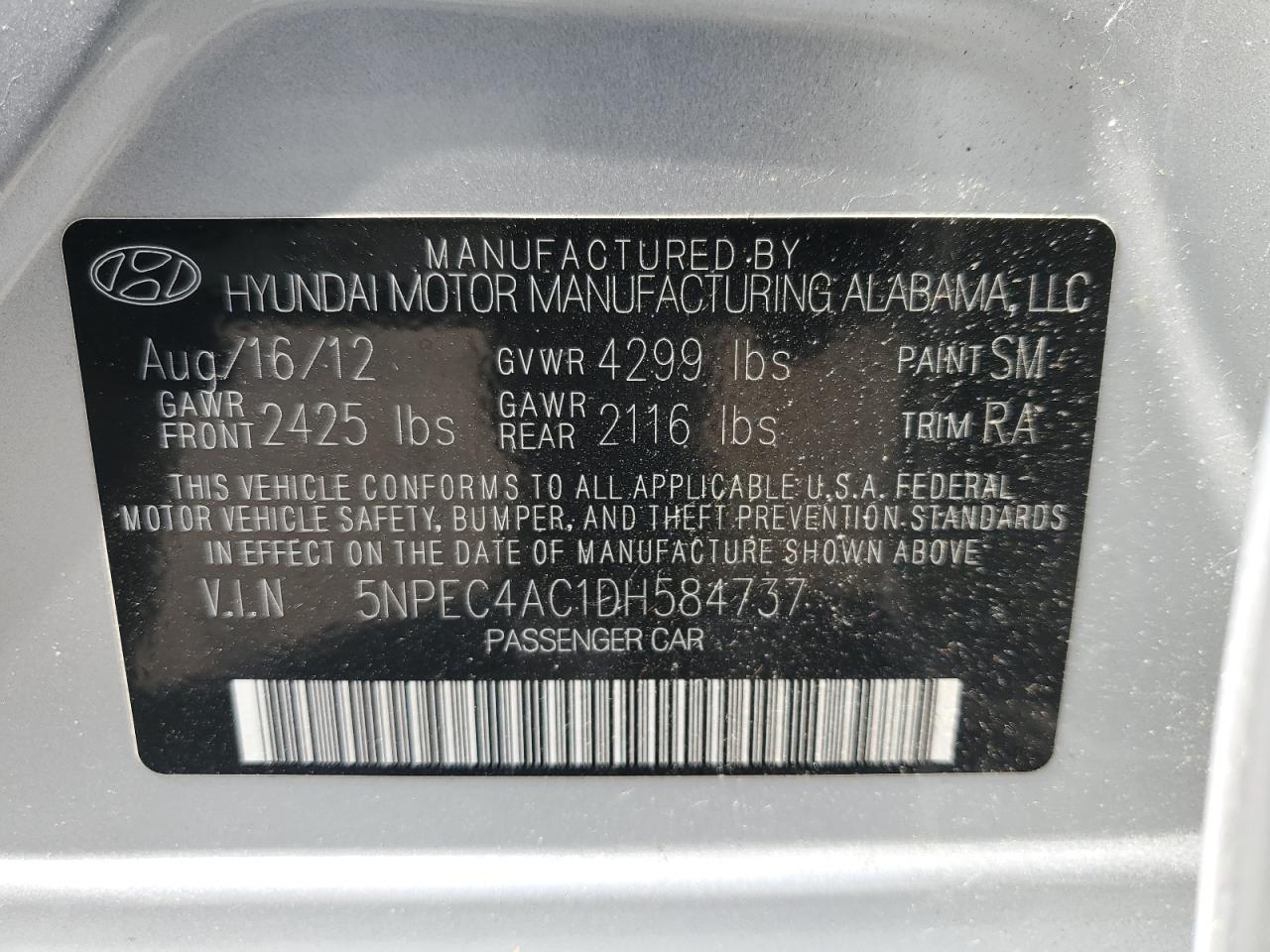 2013 Hyundai Sonata Se VIN: 5NPEC4AC1DH584737 Lot: 61968825