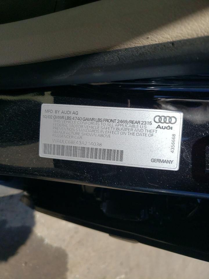 2003 Audi A4 1.8T Quattro VIN: WAULC68E43A214038 Lot: 62330245