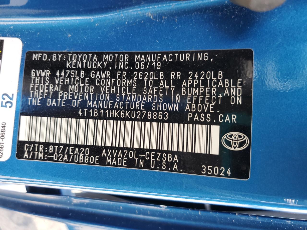 2019 Toyota Camry L VIN: 4T1B11HK6KU278863 Lot: 62777075