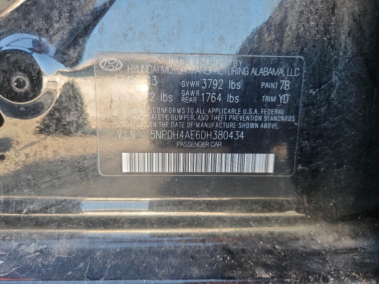 2013 Hyundai Elantra Gls VIN: 5NPDH4AE6DH380434 Lot: 59909865