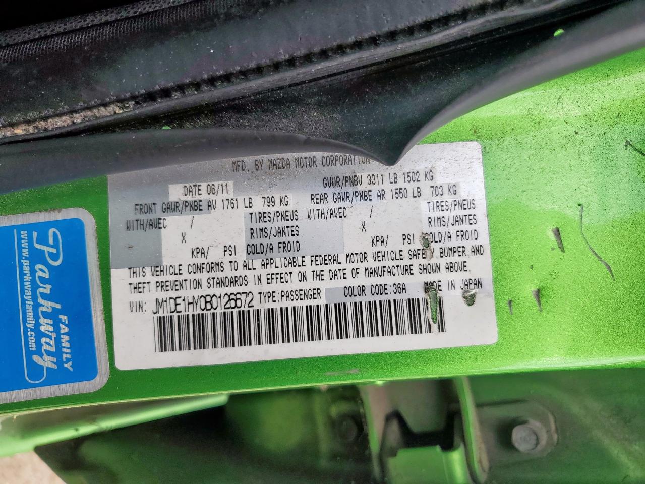 2011 Mazda Mazda2 VIN: JM1DE1HY0B0126672 Lot: 62738055