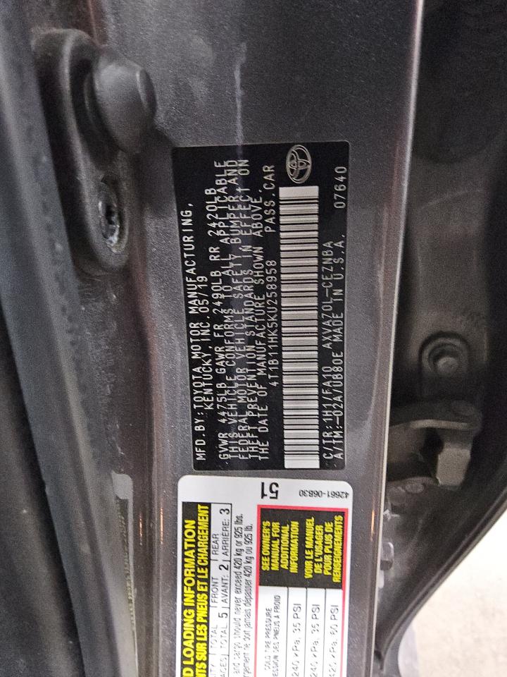 2019 Toyota Camry L VIN: 4T1B11HK5KU258958 Lot: 60442805