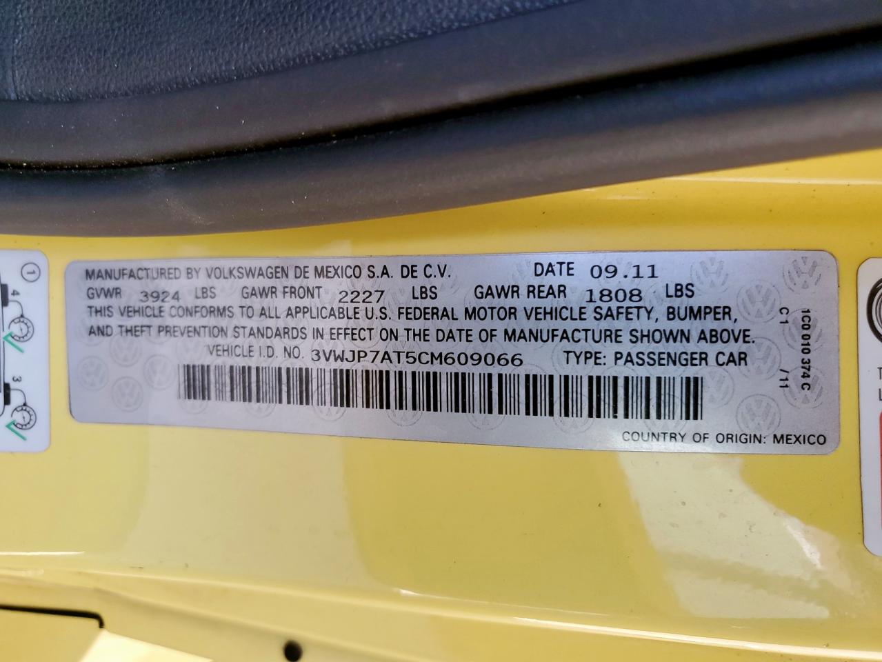 2012 Volkswagen Beetle VIN: 3VWJP7AT5CM609066 Lot: 60429485