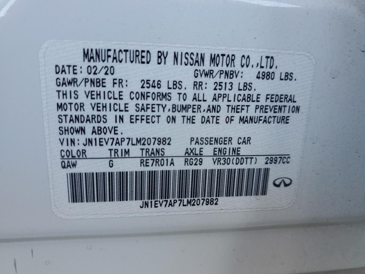 2020 Infiniti Q50 Pure VIN: JN1EV7AP7LM207982 Lot: 62216765
