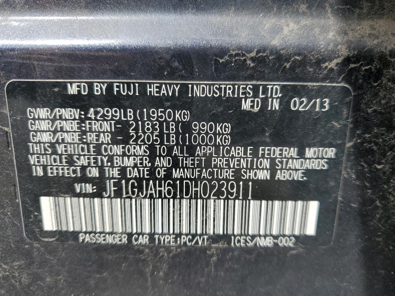 2013 Subaru Impreza Limited VIN: JF1GJAH61DH023911 Lot: 61732705