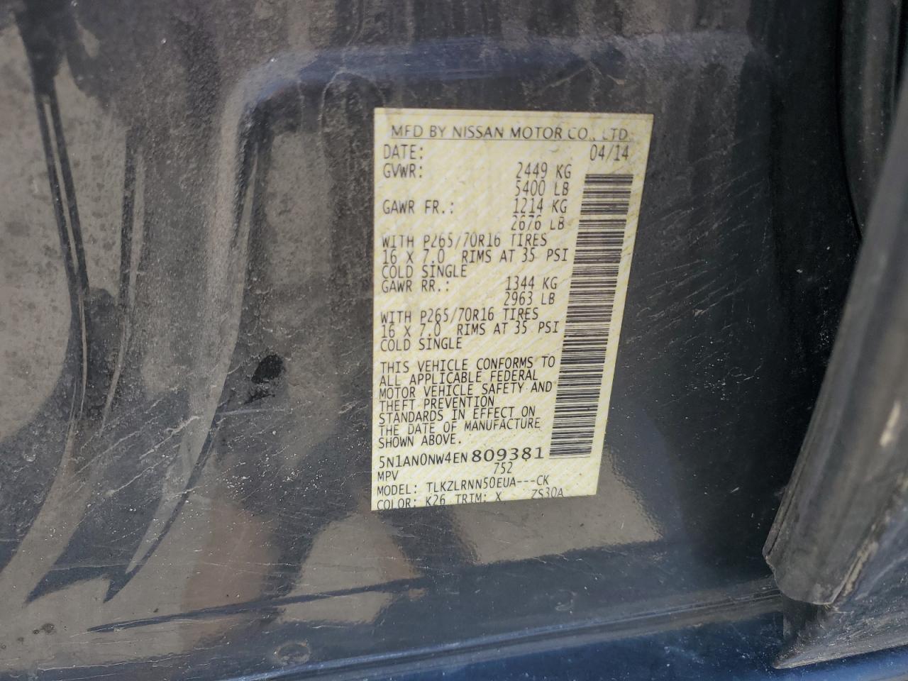 2014 Nissan Xterra X VIN: 5N1AN0NW4EN809381 Lot: 62636005