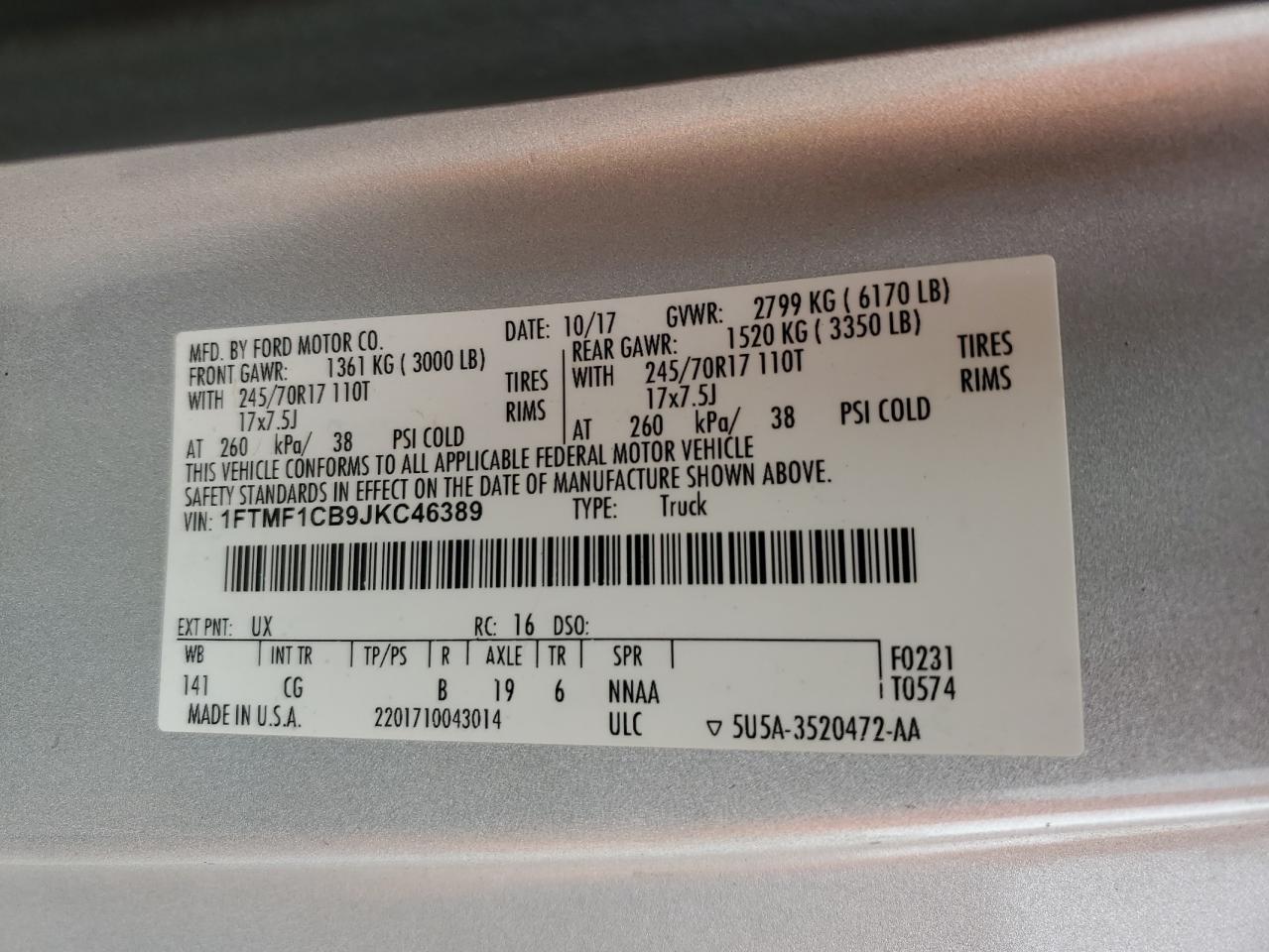 2018 Ford F150 VIN: 1FTMF1CB9JKC46389 Lot: 61461845