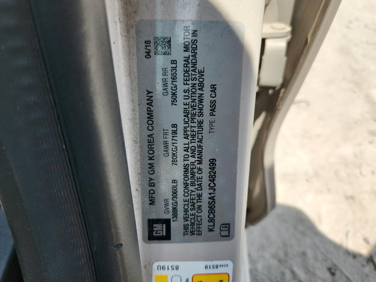 2018 Chevrolet Spark Ls VIN: KL8CB6SA1JC482499 Lot: 61500375