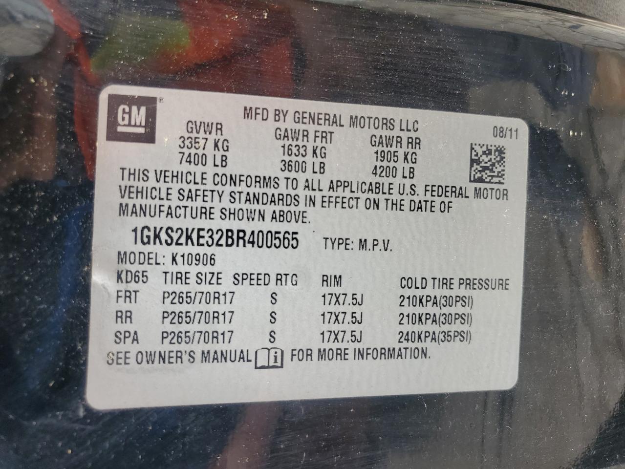 2011 GMC Yukon Xl K1500 Slt VIN: 1GKS2KE32BR400565 Lot: 62788065