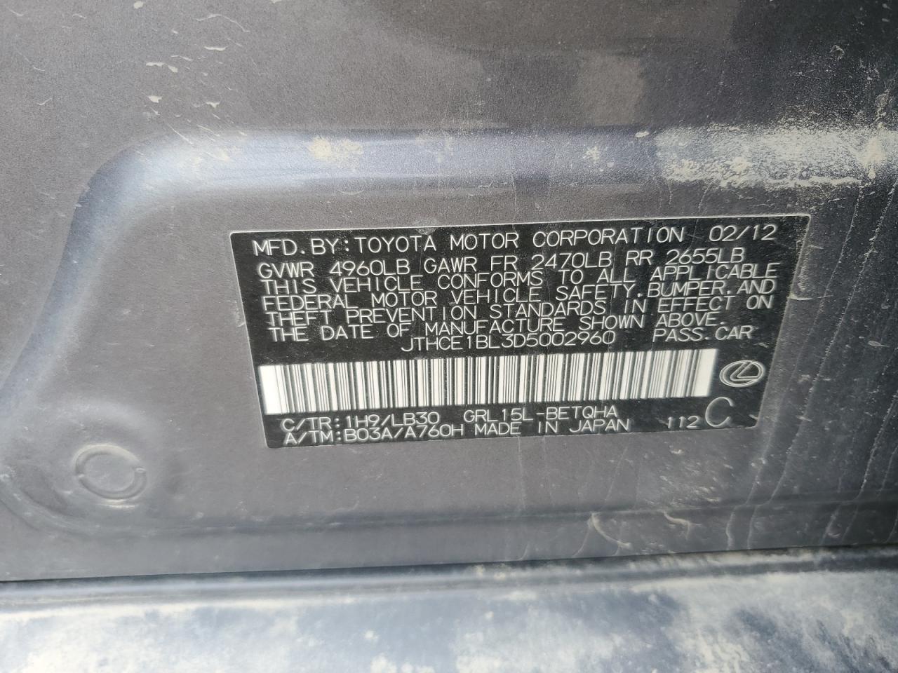 2013 Lexus Gs 350 VIN: JTHCE1BL3D5002960 Lot: 60518795
