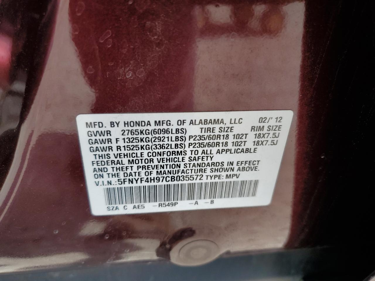 2012 Honda Pilot Touring VIN: 5FNYF4H97CB035572 Lot: 61346925