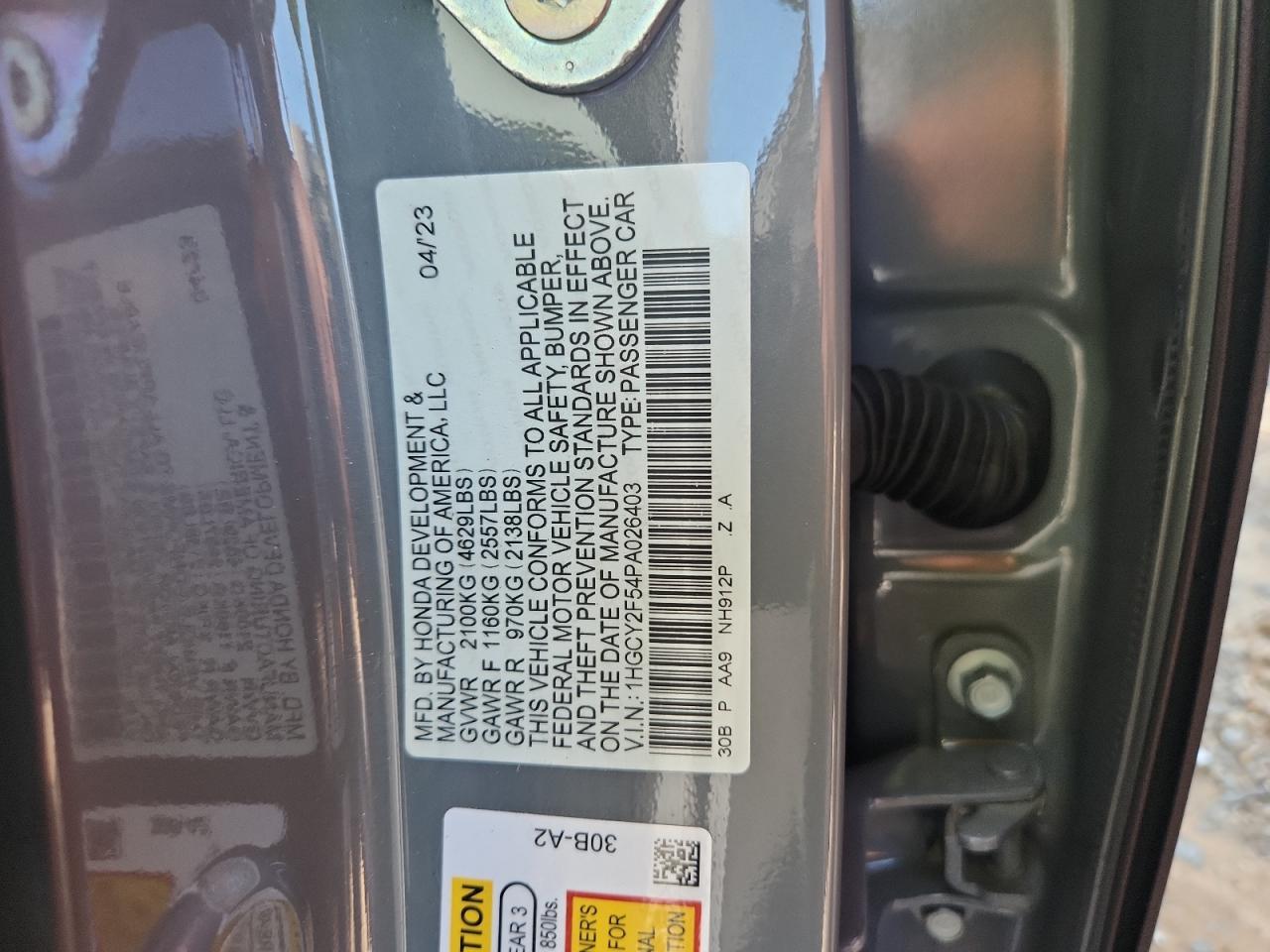 2023 Honda Accord Hybrid Sport VIN: 1HGCY2F54PA026403 Lot: 62754725