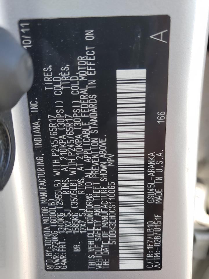 2012 Toyota Highlander Base VIN: 5TDBK3EH0CS110065 Lot: 62477335