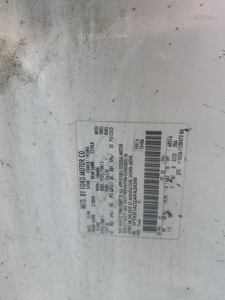 2010 Ford Ranger VIN: 1FTKR1AD2APA29398 Lot: 62655525