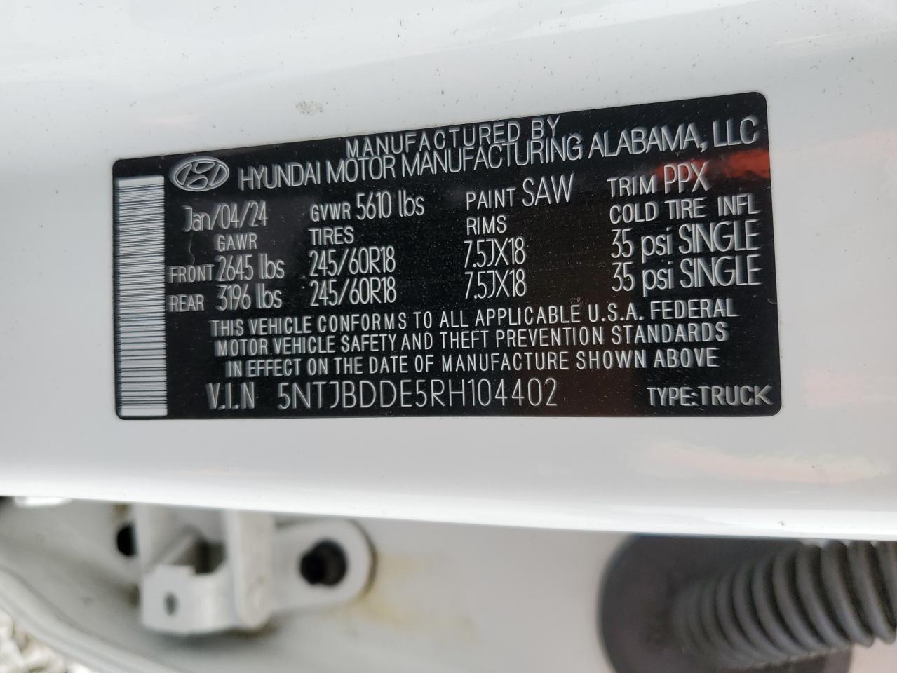 2024 Hyundai Santa Cruz Sel VIN: 5NTJBDDE5RH104402 Lot: 59839305