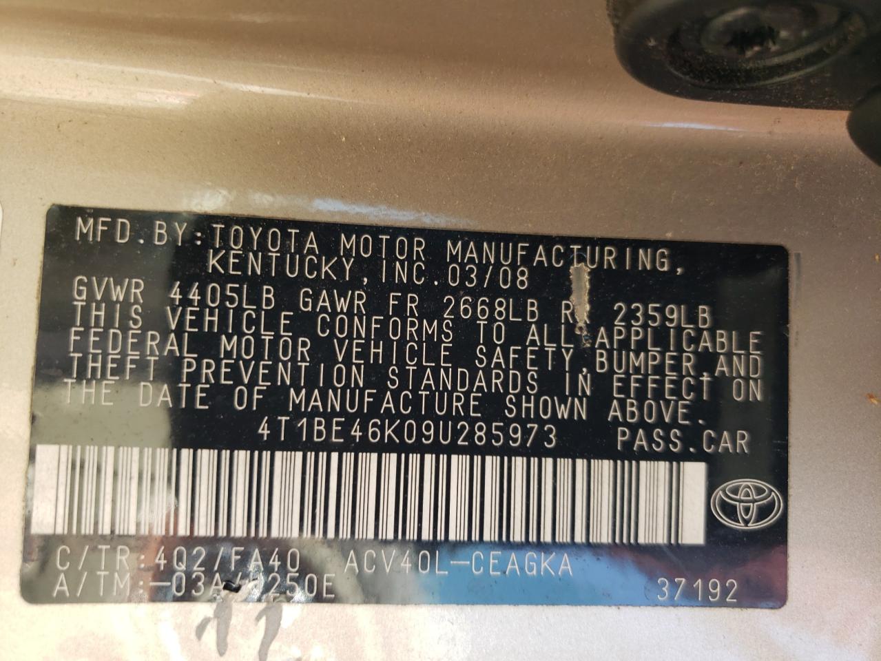2009 Toyota Camry Base VIN: 4T1BE46K09U285973 Lot: 62765565